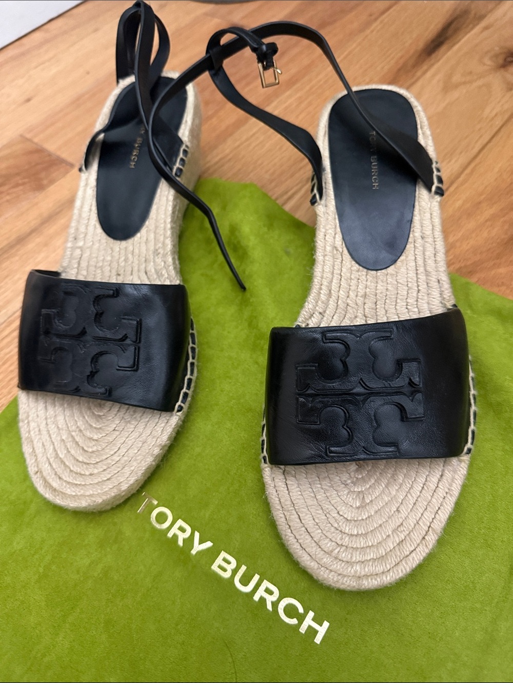 Tory Burch Black Leather Logo Espadrille Slingback Sandals NEVER WORN